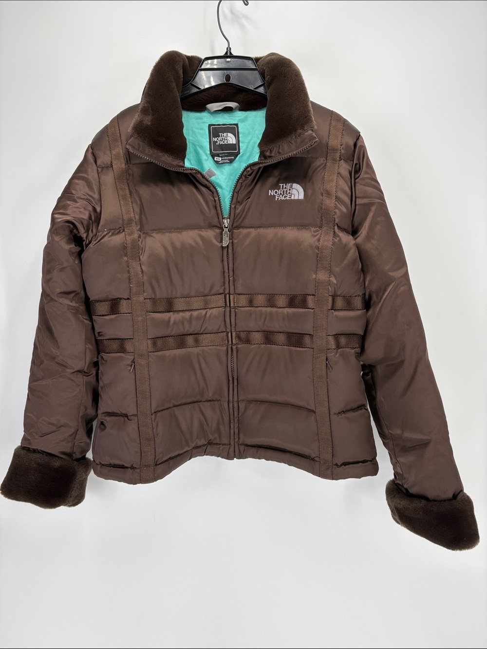 🥜 The North Face down Chocolate Brown Puff Jacket with Teal Lining